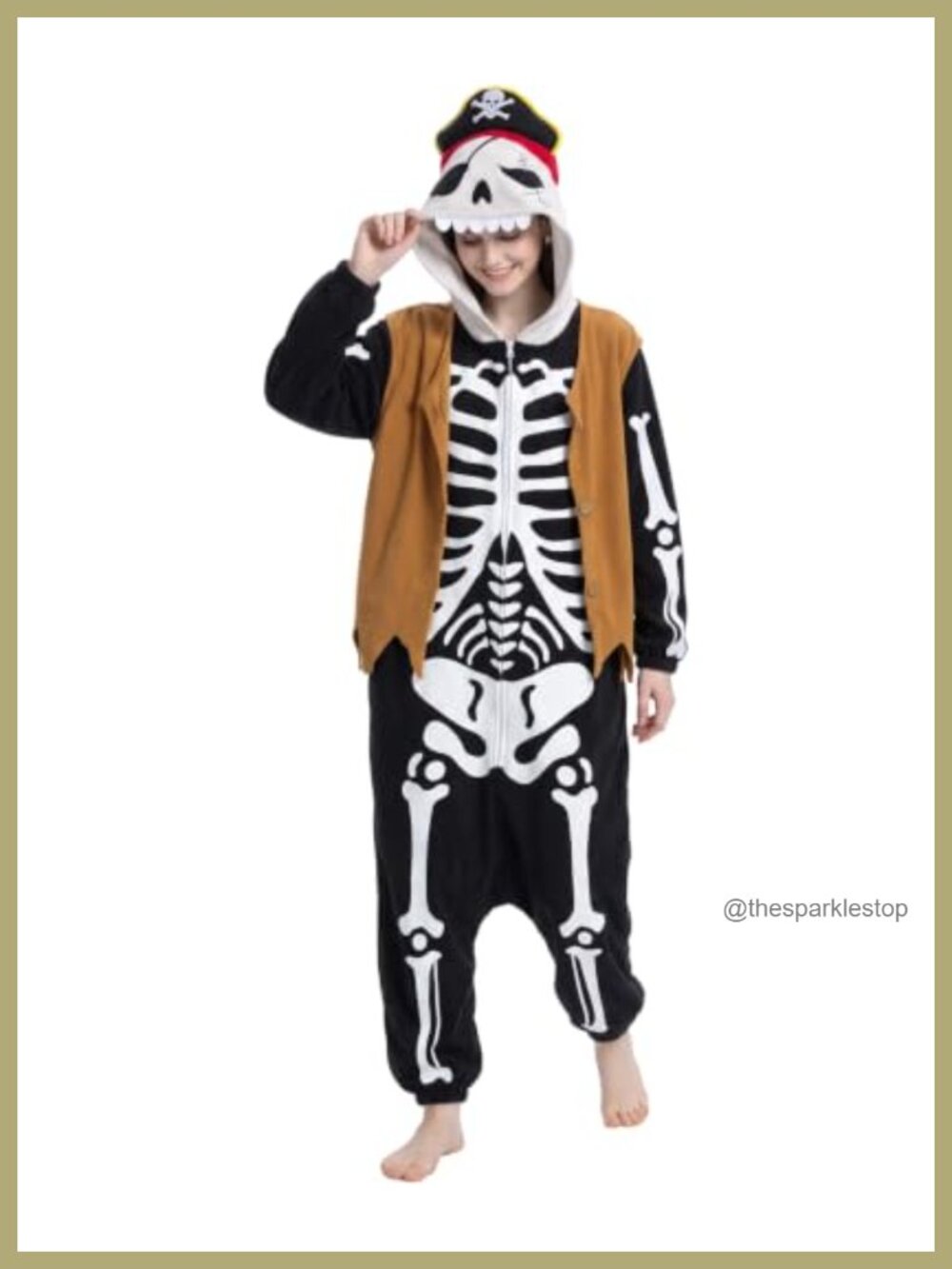 Plush Skeleton Pirate One-Piece Pajama Halloween Costume Zip Hooded Adult